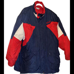 FILA Ski Jacket Hooded Puffer Nylon Parka Coat XXL Red White Blue Jacket Vintage